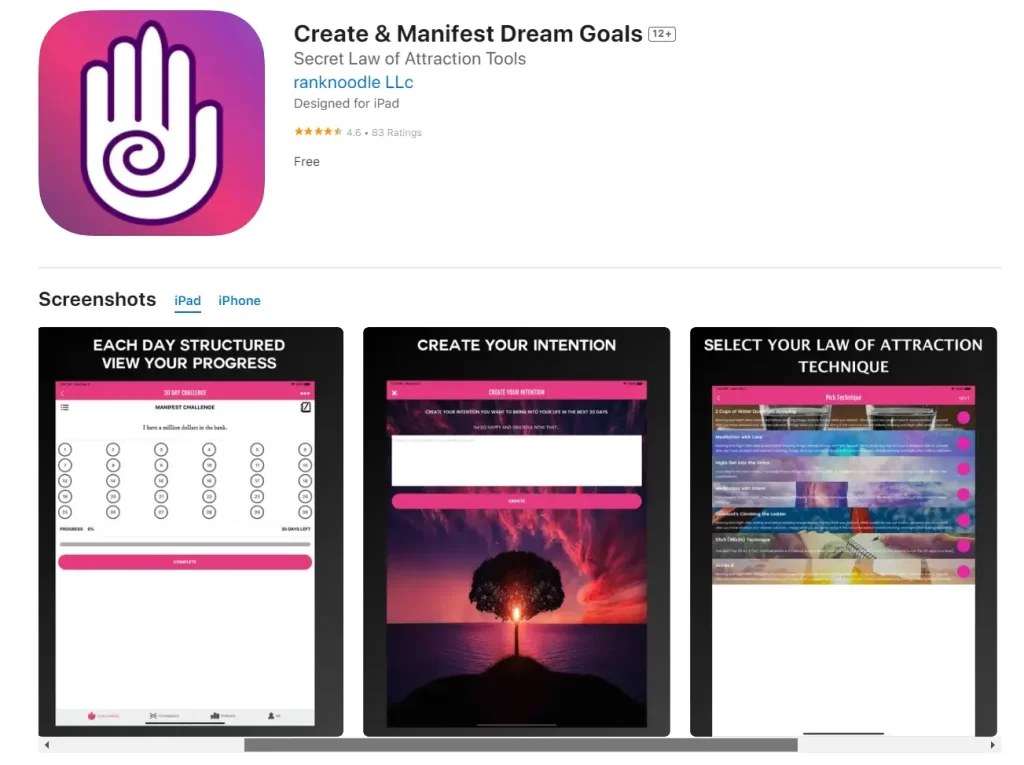 The Create & Manifest Dream Goals App allows you to create custom 30-day challenges to manifest anything using a variety of Law of Attraction techniques popularized by Neville Goddard, Abraham Hicks, Bob Proctor, Dr. Dispenza, Dr. Joe Vitale, and others from The Secret. 