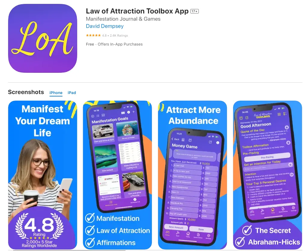 The Law of Attraction Toolbox App is a comprehensive tool designed to help you practice the Law of Attraction on the go. It offers a variety of games, exercises, and tools to aid in focusing, visualizing, and raising your vibration. 