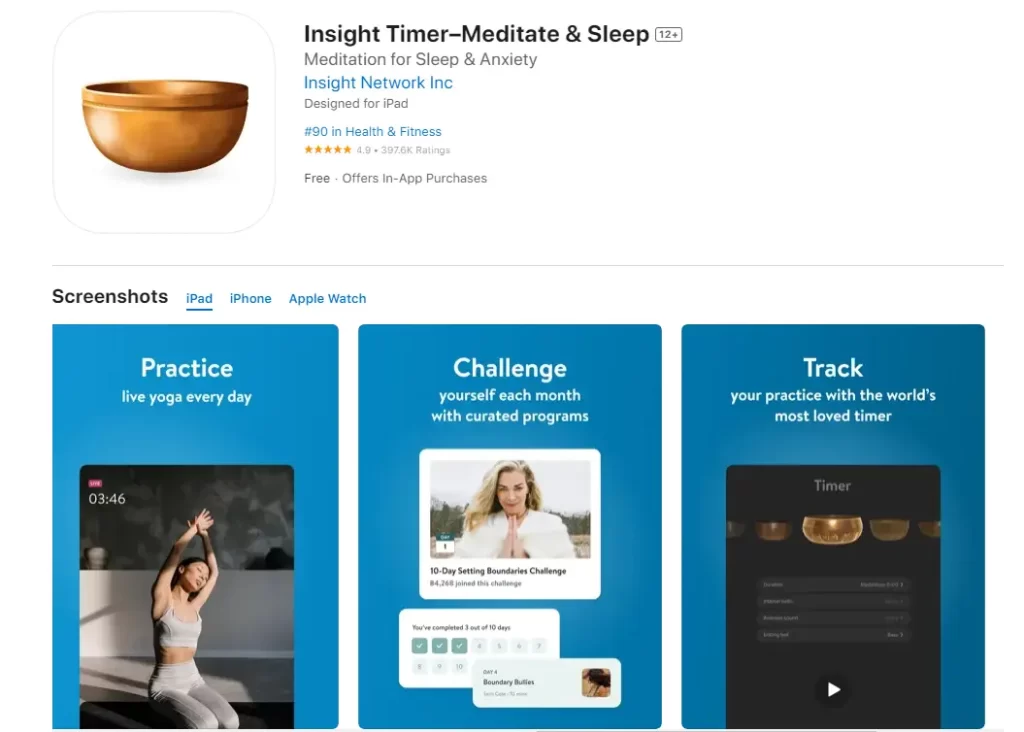 The Insight Timer App is a meditation and mindfulness app that offers a wide range of free guided meditations, talks, music tracks, and premium features such as Insight Courses and offline listening. 