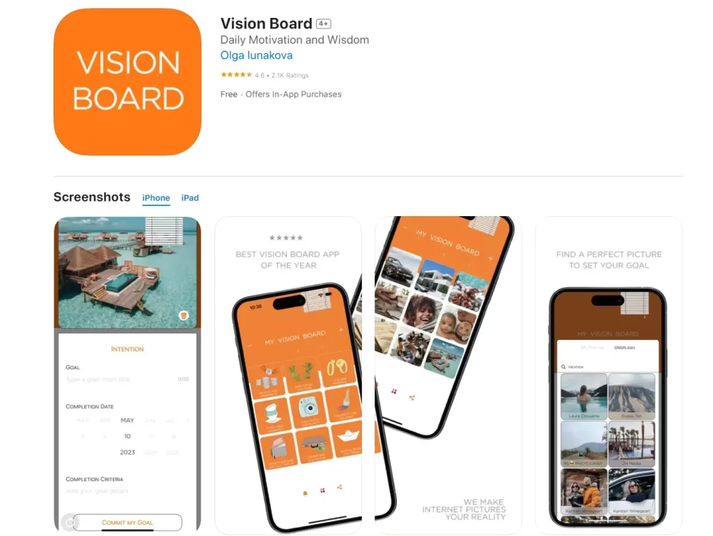 The Vision Board App is a tool that allows you to create digital vision boards on your phones. 