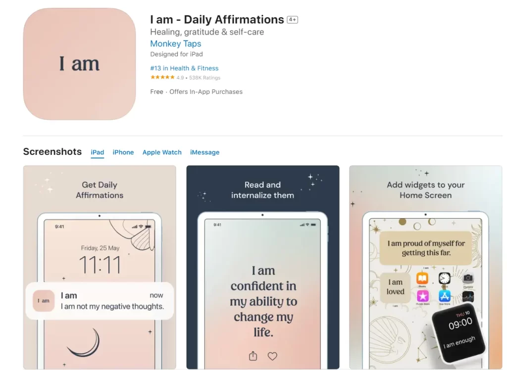 The "I am - Daily Affirmations" app is a tool that provides daily positive affirmations to help rewire the brain, build self-esteem, and change negative thought patterns. 