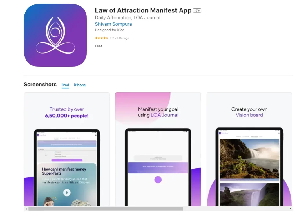 The Law of Attraction Manifest App is a tool that helps users achieve their goals, dreams, and desires by applying the principles of the law of attraction. 